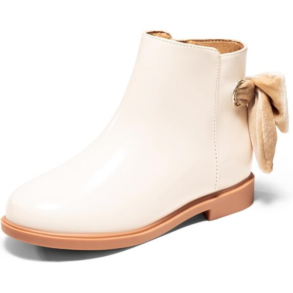 🆕Girls Off-white Faux Leather Ankle Bow Chunky Low Heel Side Zipper Dress Boot - Picture 7 of 10